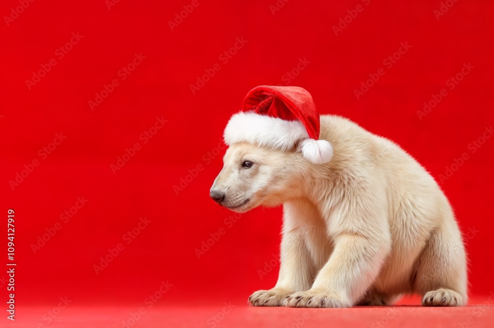polar bear in red Santa Claus hat on bright red background. Charming bear creates atmosphere of holiday, warmth and magic, New Year concept