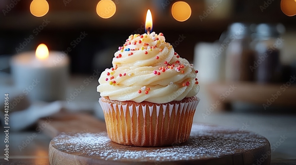 Vanilla Cupcake with Candle and Colorful Sprinkles on Rustic Cutting Board