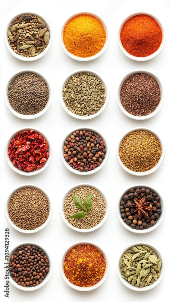 Colorful spices in small bowls create vibrant culinary display Colorful spices in small bowls create vibrant culinary display