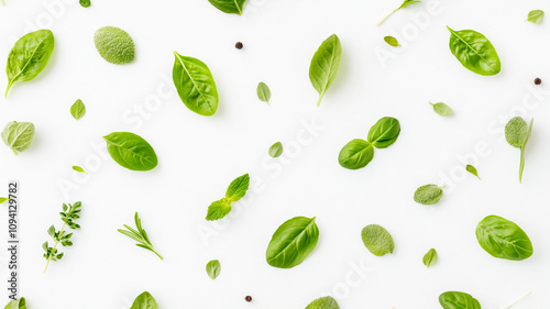 Fresh herbs scattered on white background create vibrant and lively scene