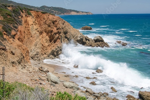 Stunning Coastal Landscape Featuring Rocky Cliffs, Turquoise Waves, and Scenic Beach with Rough Surf Along the Shoreline on a Clear Sunny Day