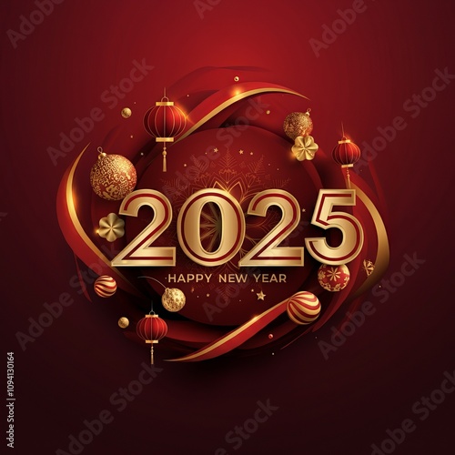 New Year's gold and dark red colors bokeh background with glowing number 2025 and fireworks. Happy New Year concept for 2025.