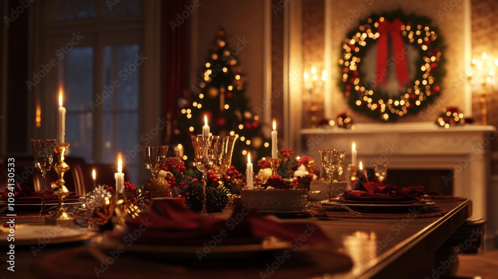 An elegant Christmas dinner table, adorned with gold and red decorations, candles flickering, and a festive wreath hanging on the wall in the background An elegant Christmas dinner table, adorned with gold and red decorations, candles flickering, and a festive wreath hanging on the wall in the background