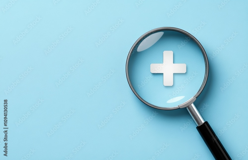 Magnifying Glass with White Cross Symbol on Light Blue Background for Positive Mindset and Healthcare Innovation Magnifying Glass with White Cross Symbol on Light Blue Background for Positive Mindset and Healthcare Innovation
