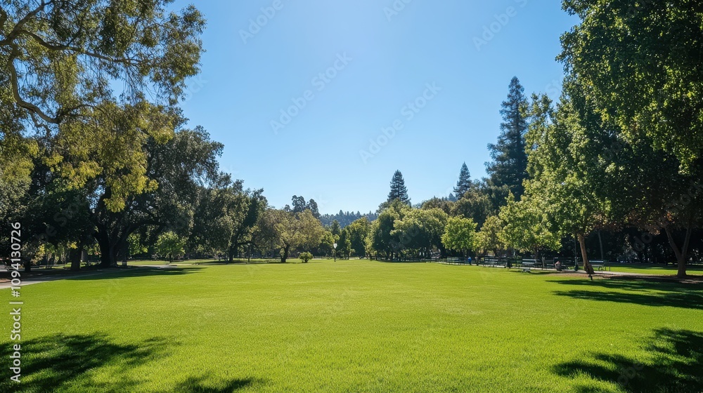 A spacious park scene with lush green grass and trees under a clear blue sky. A spacious park scene with lush green grass and trees under a clear blue sky.