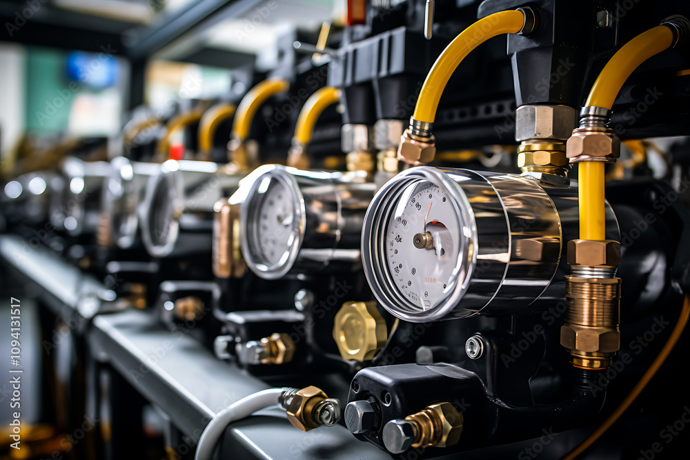 Close-Up of Pneumatic Tools and Compressed Air System in Industrial Setting, Highlighting Precision and Modern Manufacturing Technology