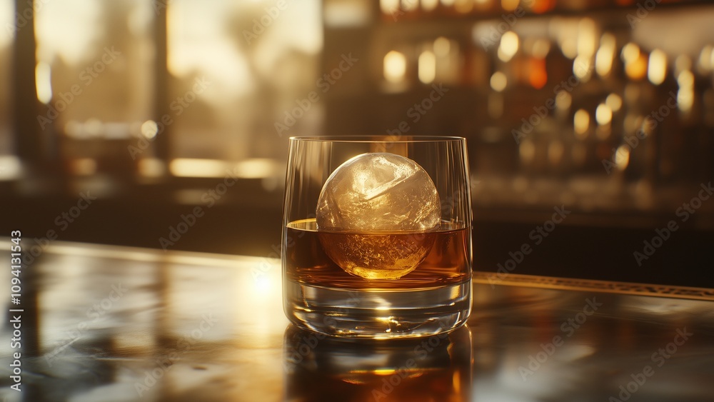 Close-up of a whiskey glass filled with large spheres of ice,background the night bar Close-up of a whiskey glass filled with large spheres of ice,background the night bar