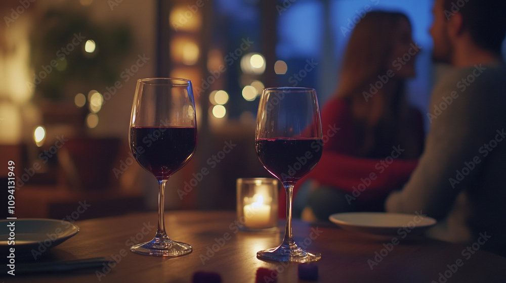 Couple enjoying a romantic evening with wine and candlelight on Valentine's Day Couple enjoying a romantic evening with wine and candlelight on Valentine's Day