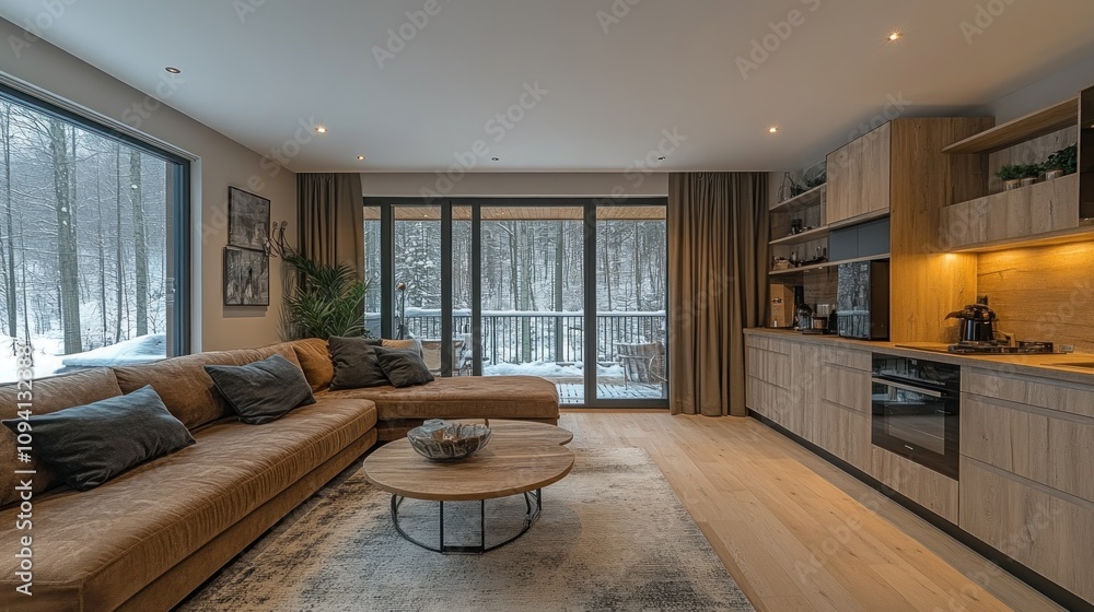 Fototapeta premium Modern Cabin Interior with Forest View