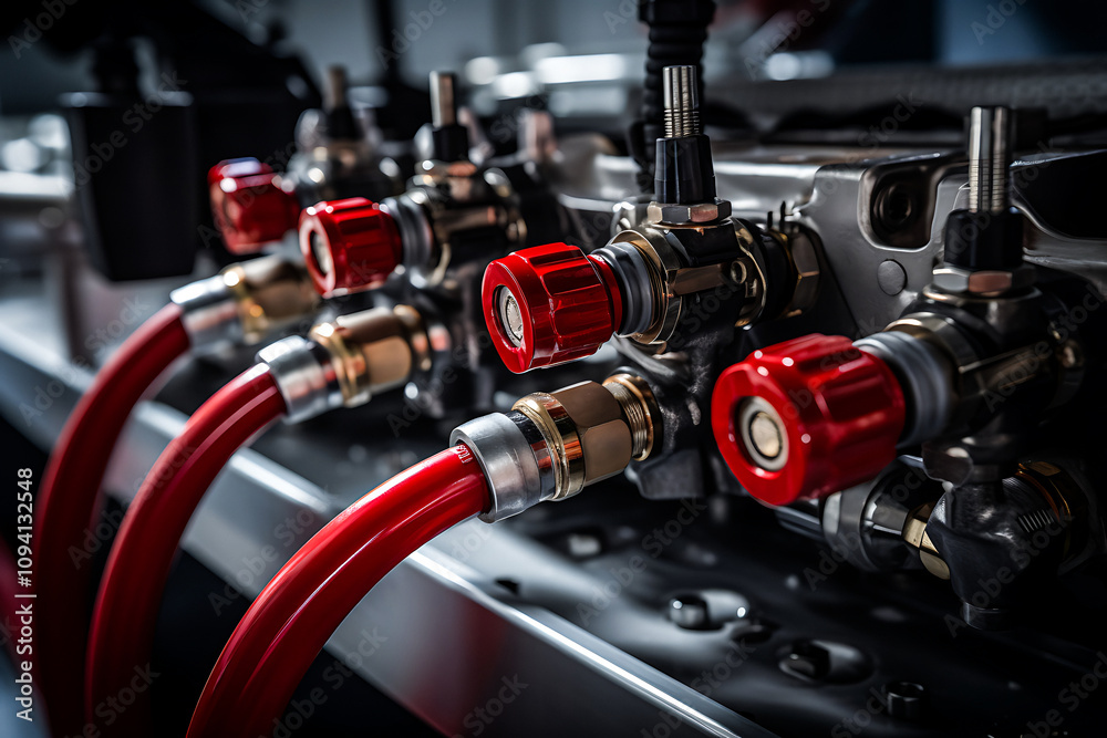 Obraz premium Close-Up of Pneumatic Tools and Compressed Air System in Industrial Setting, Highlighting Precision and Modern Manufacturing Technology