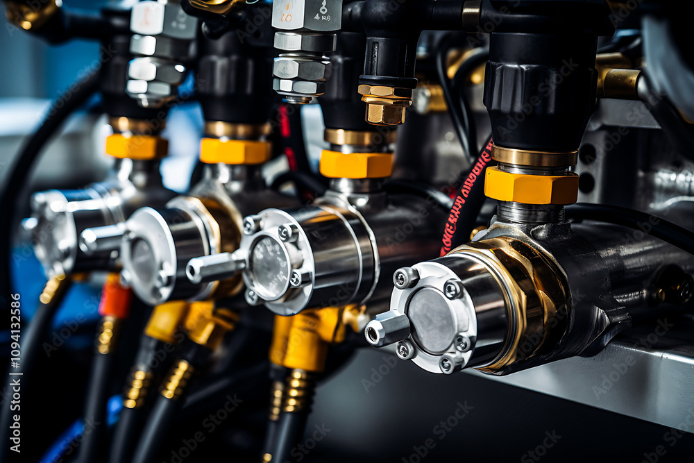 Fototapeta premium Close-Up of Pneumatic Tools and Compressed Air System in Industrial Setting, Highlighting Precision and Modern Manufacturing Technology