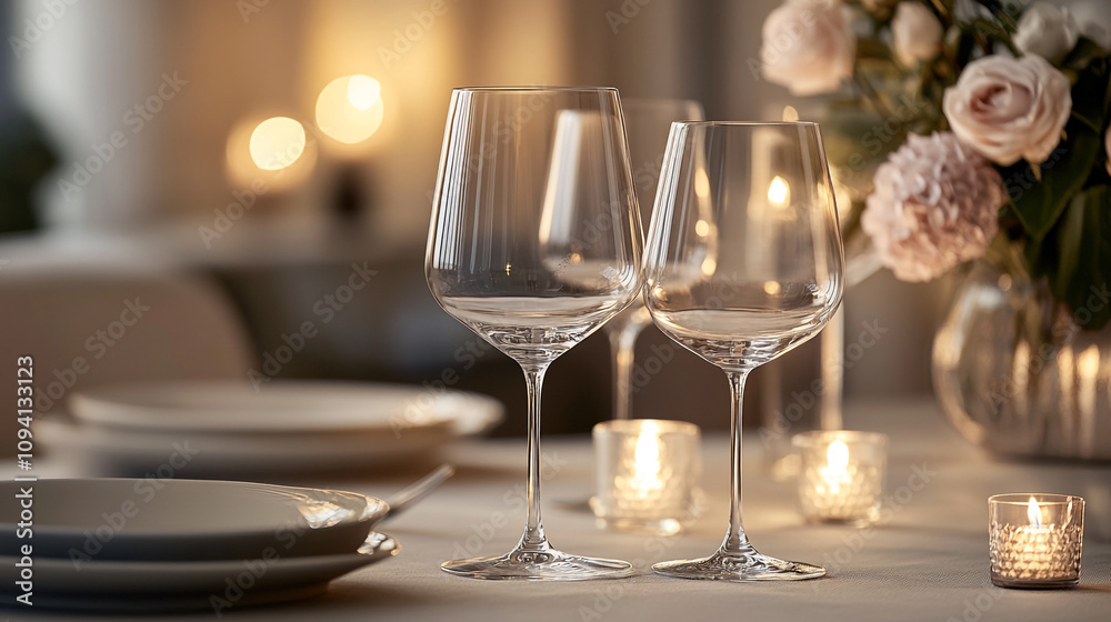 Romantic dinner setting for Valentine's Day with elegant tableware and candles