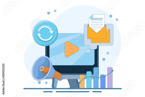 marketing automation concept. automated, repeatable, and more efficient marketing system. digital marketing and technology. computer monitor. flat style design vector illustration.