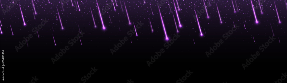 Purple meteor rain, shooting stars background. Bright, streaking lights falling from the sky. Dynamic space backdrop with fiery comets