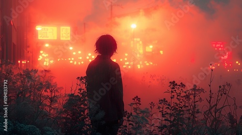 Silhouette of a Person in a Red Foggy Cityscape at Night