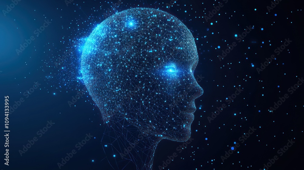 A digital representation of a human head made of particles, symbolizing artificial intelligence.