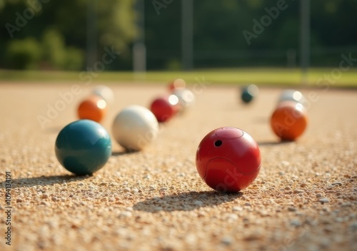 Colorful bocce balls scattered on a sandy court during a sunny afternoon gathering with friends