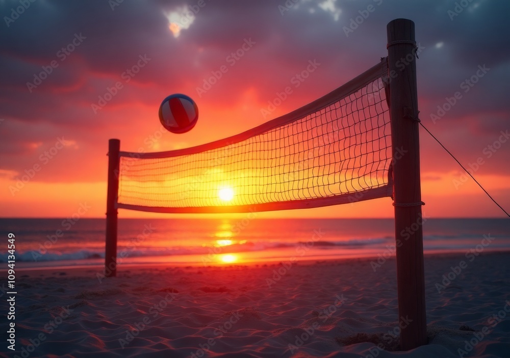 Volleyball in motion against a breathtaking sunset on the beach Volleyball in motion against a breathtaking sunset on the beach