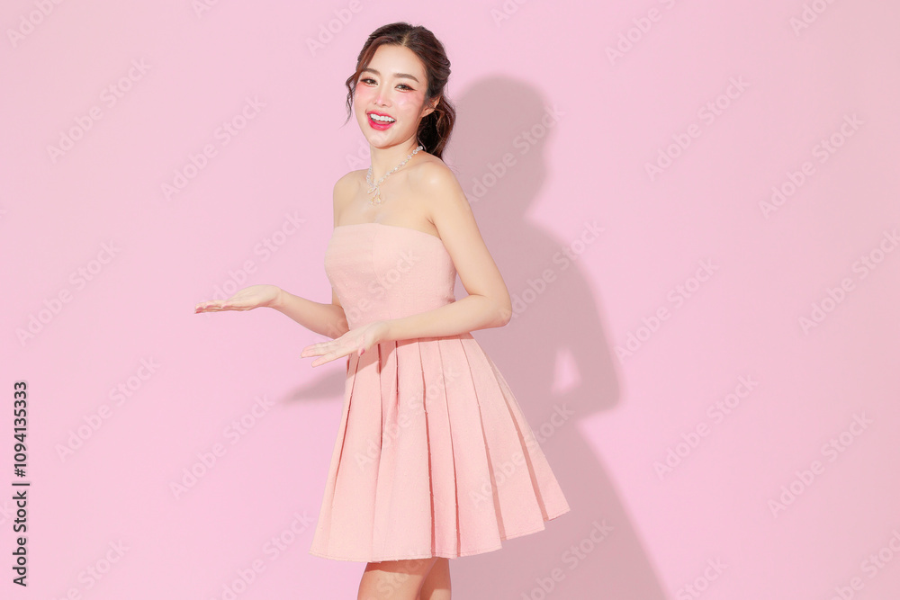Pretty Asian beauty woman with Korean makeup glowing face and healthy facial skin portrait smile show or present copy space on isolated pink background. concept for commercial advertising.