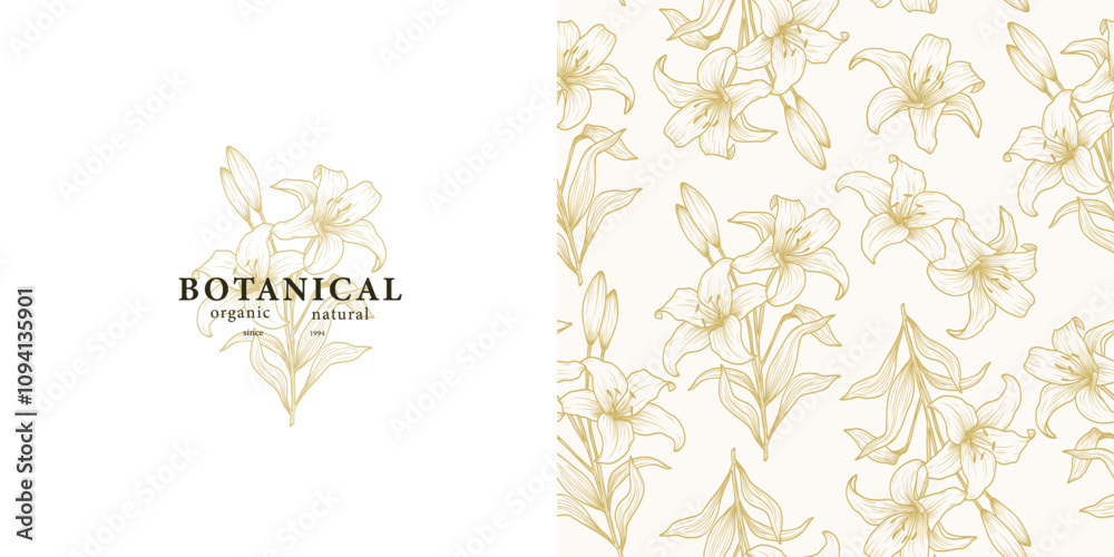 Hand drawn lily branch logo and seamless pattern