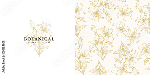 Hand drawn lily branch logo and seamless pattern