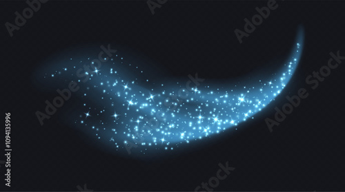Blue magic cloud with sparkles, stardust sparkling decoration. Glowing glitter smoke trail. Vector illustration.