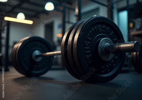 Weight training equipment on gym floor with low lighting highlighting the barbell and weights