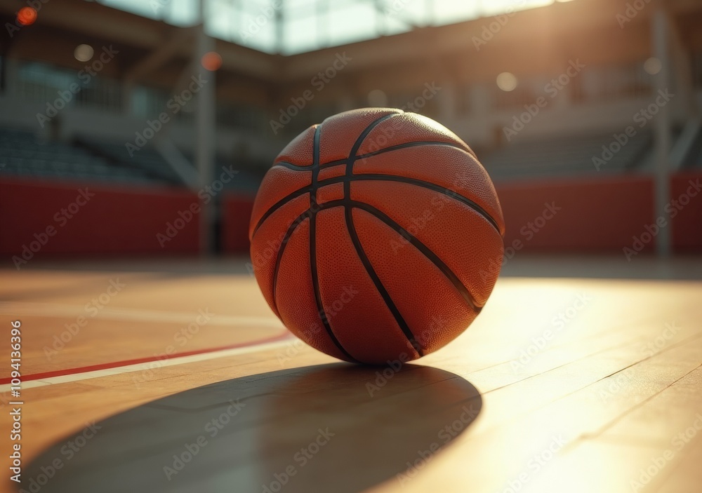 Basketball resting on a gym floor during golden hour with warm sunlight illuminating the court Basketball resting on a gym floor during golden hour with warm sunlight illuminating the court