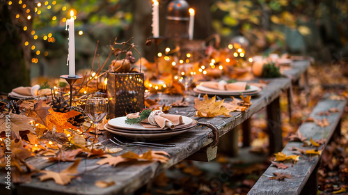 A rustic Thanksgiving table set outdoors against a backdrop of autumn leaves and twinkle lights, creating a warm and inviting atmosphere for a festive meal.