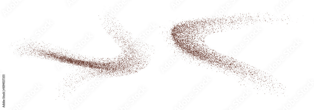 Flying coffee or chocolate powder, dust particles in motion, ground splash isolated on light background. Vector illustration. Flying coffee or chocolate powder, dust particles in motion, ground splash isolated on light background. Vector illustration.