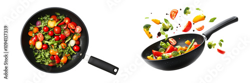 Set of a Frying pan with flying vegetables, isolated on a transparent background. 