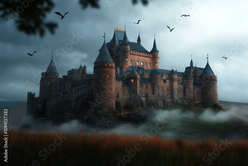 A large gloomy castle on a misty meadow background...