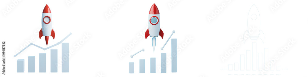 Set of a Rocket Soaring with Growth Bar Graph, isolated on a transparent background. Set of a Rocket Soaring with Growth Bar Graph, isolated on a transparent background.