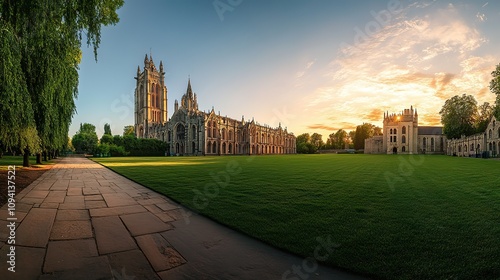 Sunset view of a historic college campus with a large lawn, pathway, and gothic architecture.