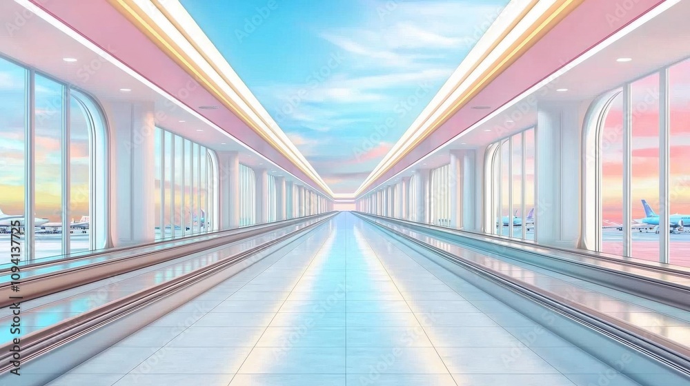 Empty conveyor belt under bright airport lights, clean lines, travel waiting time concept with minimalist style Empty conveyor belt under bright airport lights, clean lines, travel waiting time concept with minimalist style