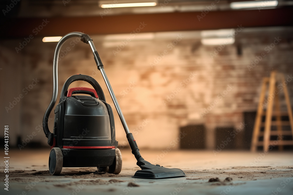 An industrial vacuum cleaner on the floor of a construction site background with copy space. An industrial vacuum cleaner on the floor of a construction site background with copy space.