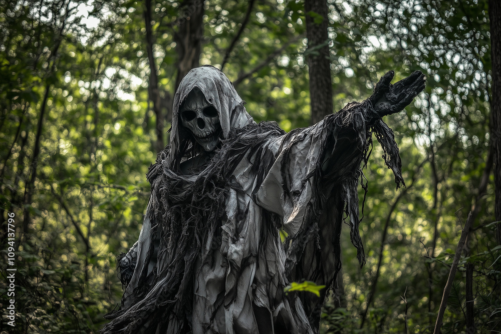 A scary ghost skeleton in a torn cloak pointing the way in the forest. A scary ghost skeleton in a torn cloak pointing the way in the forest.