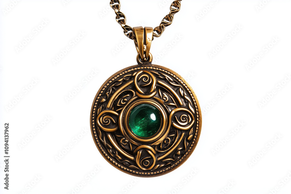 An antique medieval magical amulet with a gemstone isolated on a white background. An antique medieval magical amulet with a gemstone isolated on a white background.