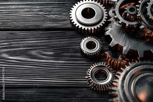 Gears cogwheels on a black wooden workbench background with copy space. photo