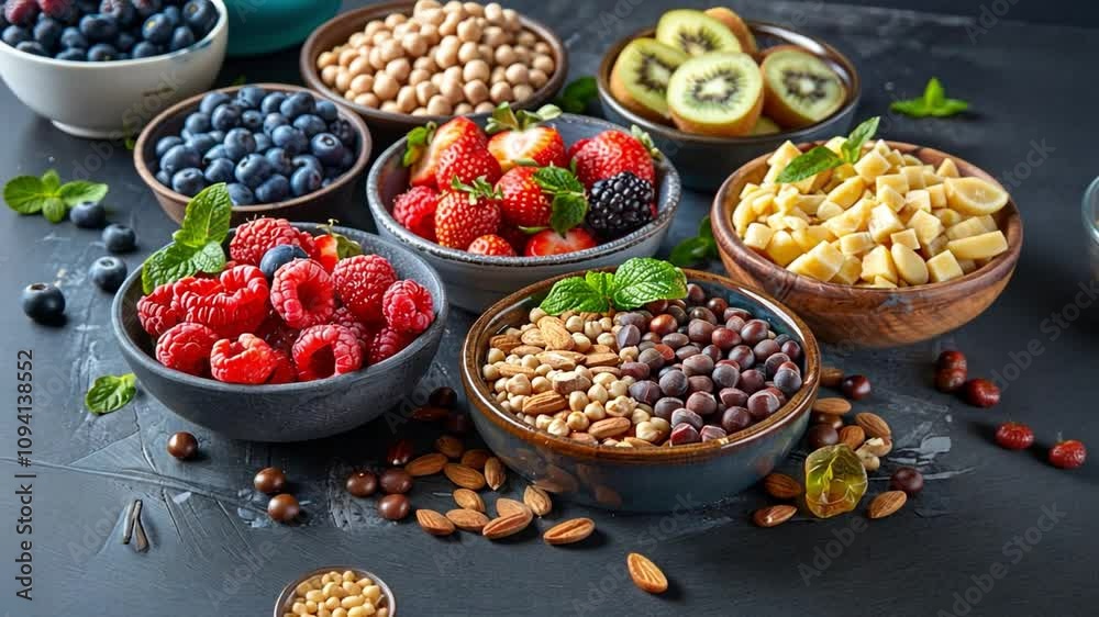 A vibrant display of blueberries, strawberries, raspberries, kiwi, and nuts arranged in bowls on a dark countertop showcases a healthy selection perfect for snacking. A vibrant display of blueberries, strawberries, raspberries, kiwi, and nuts arranged in bowls on a dark countertop showcases a healthy selection perfect for snacking.