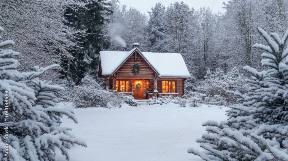 A cozy Christmas cabin surrounded by deep snow, with a warm light shining through the windows and a wreath on the front door, nestled in a forest of frosted pine trees A cozy Christmas cabin surrounded by deep snow, with a warm light shining through the windows and a wreath on the front door, nestled in a forest of frosted pine trees