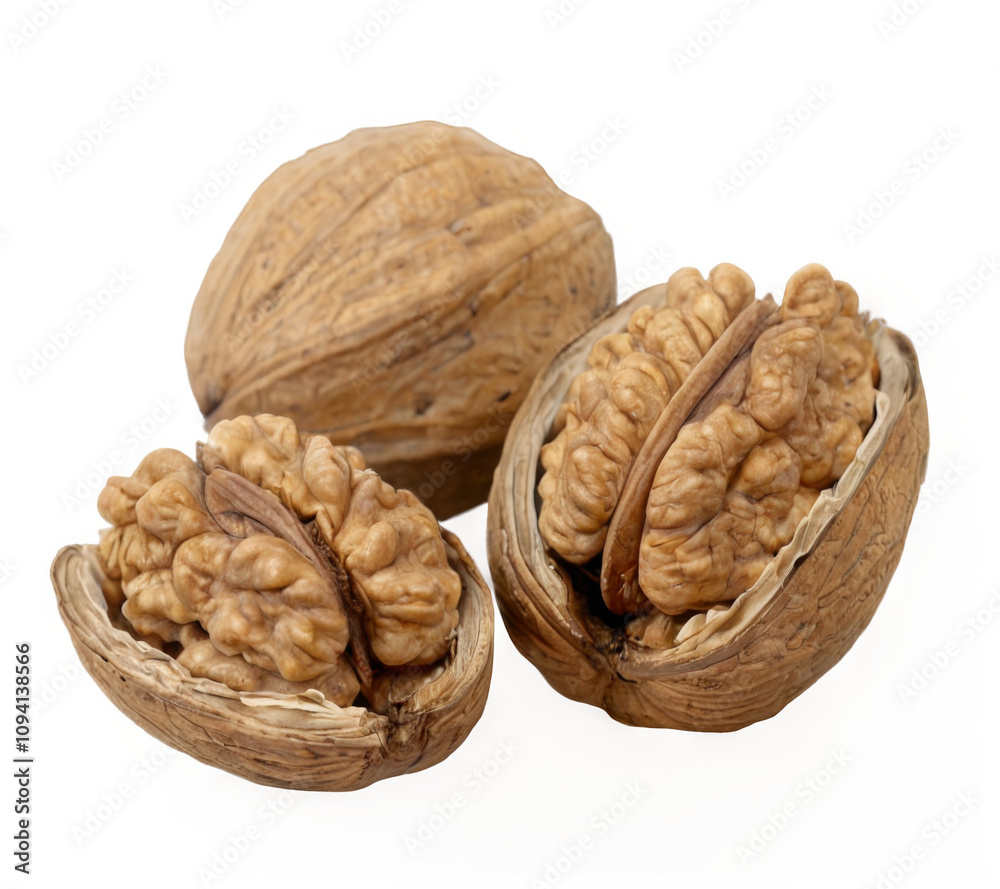 Four walnuts different sizes shapes are arranged triangular Set of delicious Four walnuts different sizes shapes are arranged triangular Set of delicious