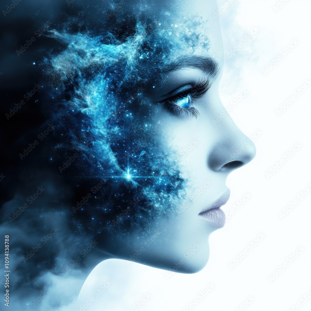 Cosmic reflection of humanity exploring inner worlds in a dreamy digital landscape