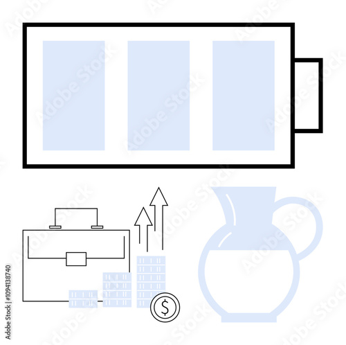 Battery icon, briefcase with bar graphs and upwards arrow, liquid pitcher representing different aspects of energy conservation, productivity, and economic growth. Ideal for business, finance