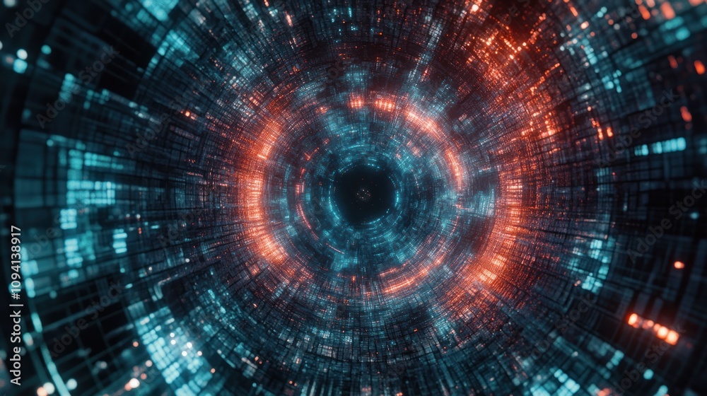 A vibrant, abstract digital tunnel with glowing blue and orange lights. A vibrant, abstract digital tunnel with glowing blue and orange lights.