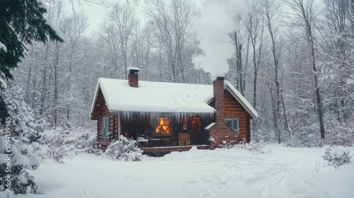 Cozy snow-covered cabin with warm firelight visible through window, smoke rising from chimney in snowy winter forest. photo