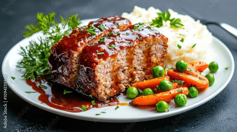Savoring comforting meatloaf and mashed potatoes at home a delightful plate in a cozy kitchen setting Savoring comforting meatloaf and mashed potatoes at home a delightful plate in a cozy kitchen setting