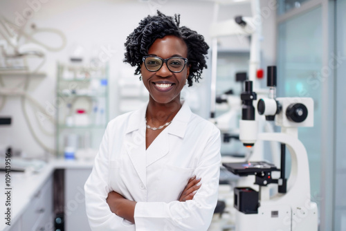 Confident black female scientist in laboratory setting with microscopes and equipment