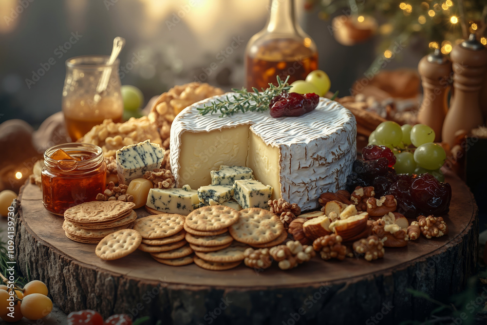 A cheese board with crackers, grapes, nuts, and crackers on it