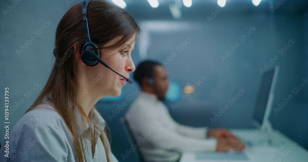 Call center: Portrait of Caucasian female technical support specialist in headset working on PC, consulting client via call, providing online customer service. Multiethnic team of hotline operators.